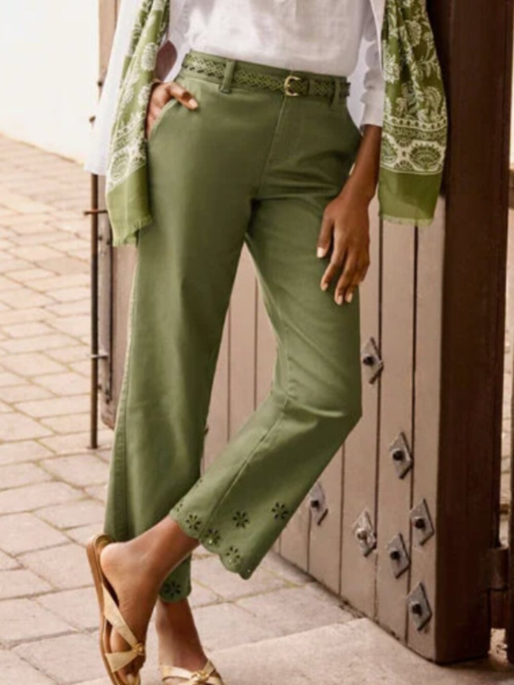 Talbots Straight Ankle Embroidered Jeans Olive Leaf Size 10 Like New